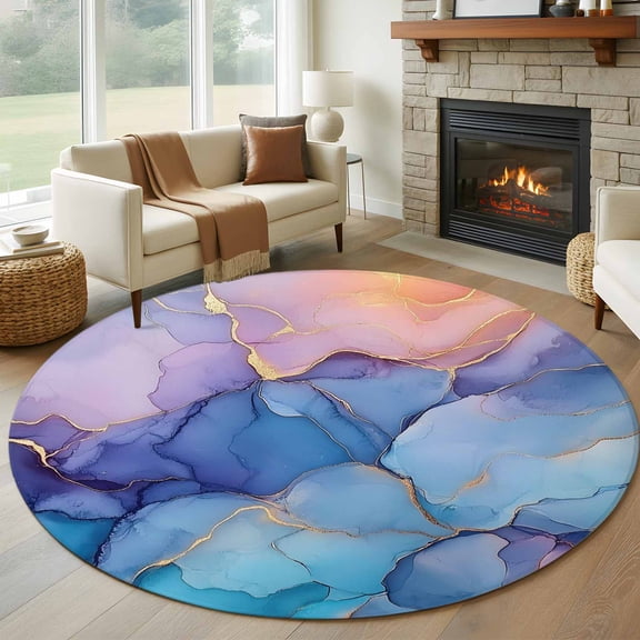 Round Rugs 5Ft, Purple Blue Round Area Rug Washable Indoor Throw Carpet, Modern Pink Gold Marble Textured Soft Non Slip Circle Rug for Cabinet Bathroom Home Decor Aesthetic