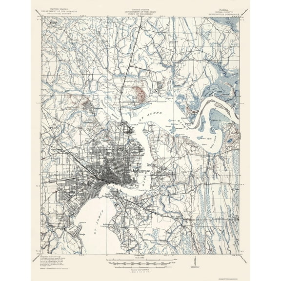 Topographical Map - Jacksonville Florida Quad - USGS 1917 - Vintage Wall Art