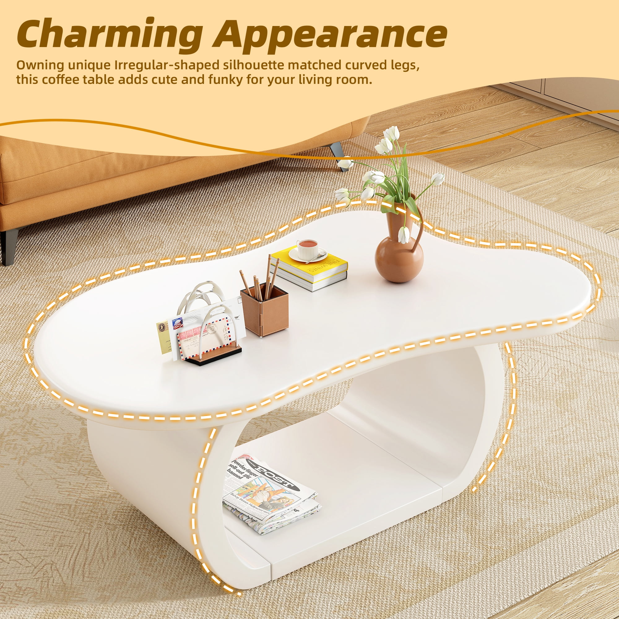 Euroco Charming Irregular-Shaped Coffee Table with Curved Legs, Cloud-Shaped Top, and Smooth MDF Surface – Compact & Easy Assembly for Living Room, Bedroom, or Balcony