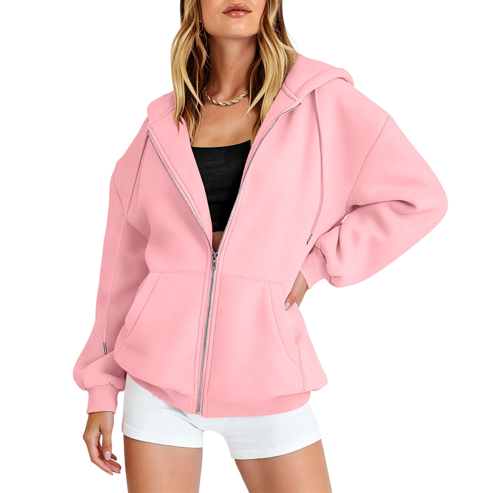 Domzest Oversized Hoodies for Women Casual Long Sleeve Full Zipper Sweatshirts Fall Winter Comfy Track Jackets with Pokets Pink M