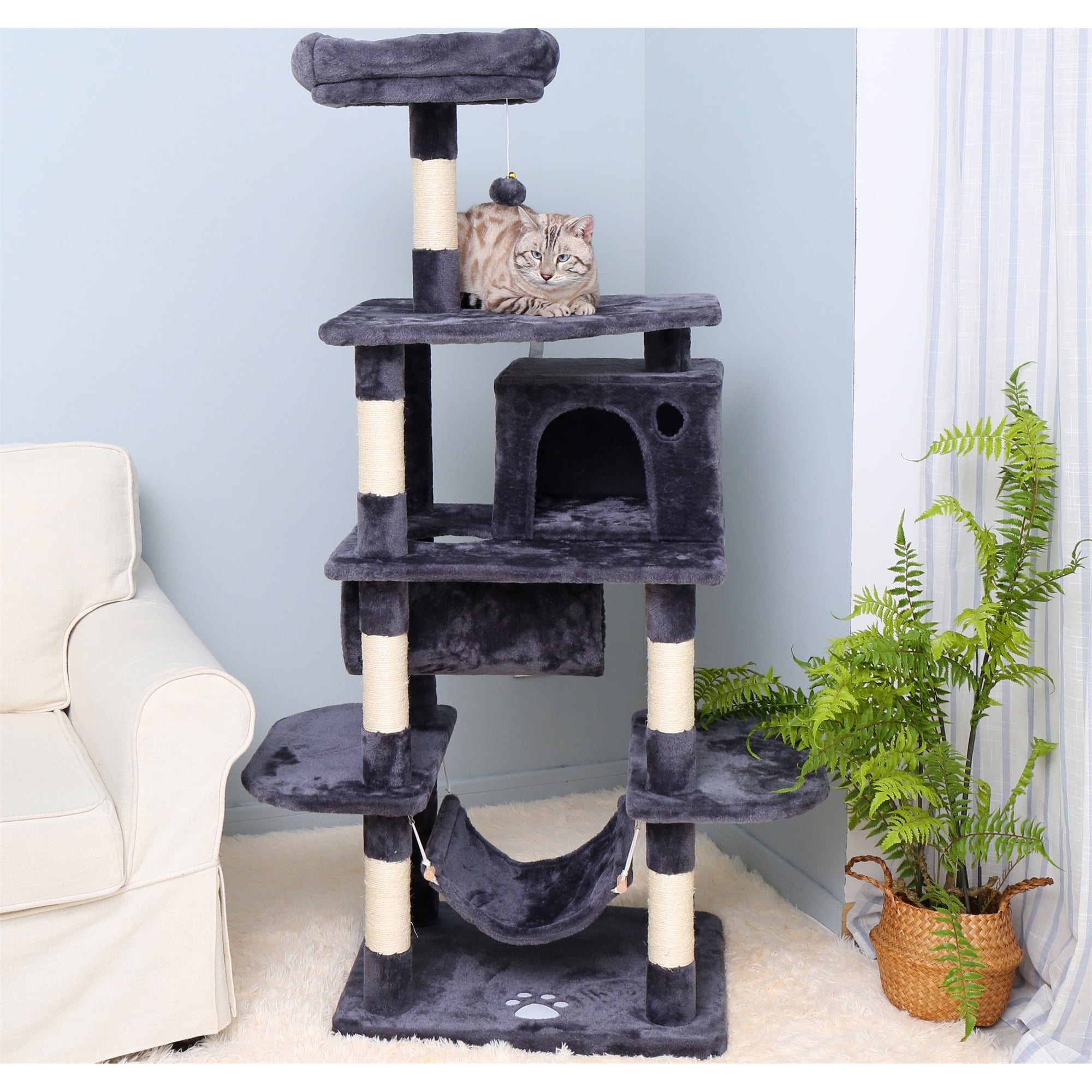 Kepooman 57 inch Cat Tree & Condo Scratching Post Tower with Cozy Perches, Dark Gray