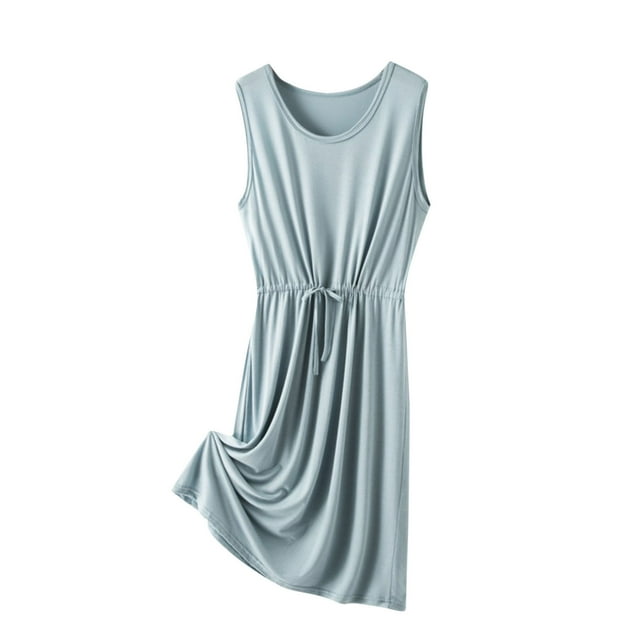 aidice Lounge Dresses for Women Round Neck Sleeveless Drawstring Ruched Comfy Soft Pajamas Dresses
