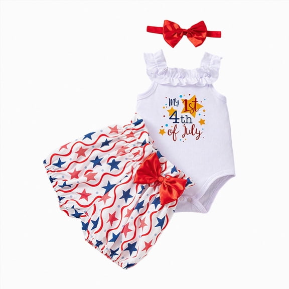 Sopiago Baby Girl 4th of July Outfit Patriotic Clothes Newborn 250th Anniversary USA Romper American Flag Shorts Set with Bow Headband Light Blue,9-12 Months