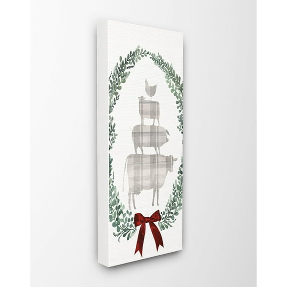 The Stupell Home Decor Collection Holiday Farmhouse Plaid Stacked Farm Animals in a Wreath Stretched Canvas Wall Art, 10 x 1.5 x 24