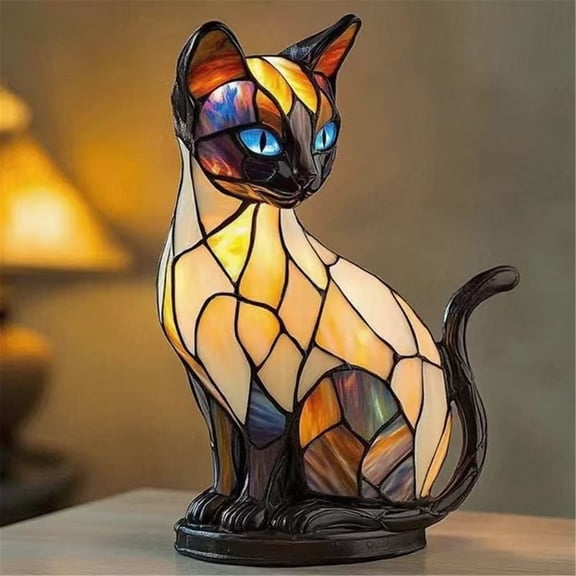 Cat Lamp Stained Glass–Vintage Artistic LED Warm Night Light, Handcrafted Resin Stained-Glass Animal Bedside Table Lamp with USB Power for Home Decor & Cute Holiday Gift for Cat Lovers