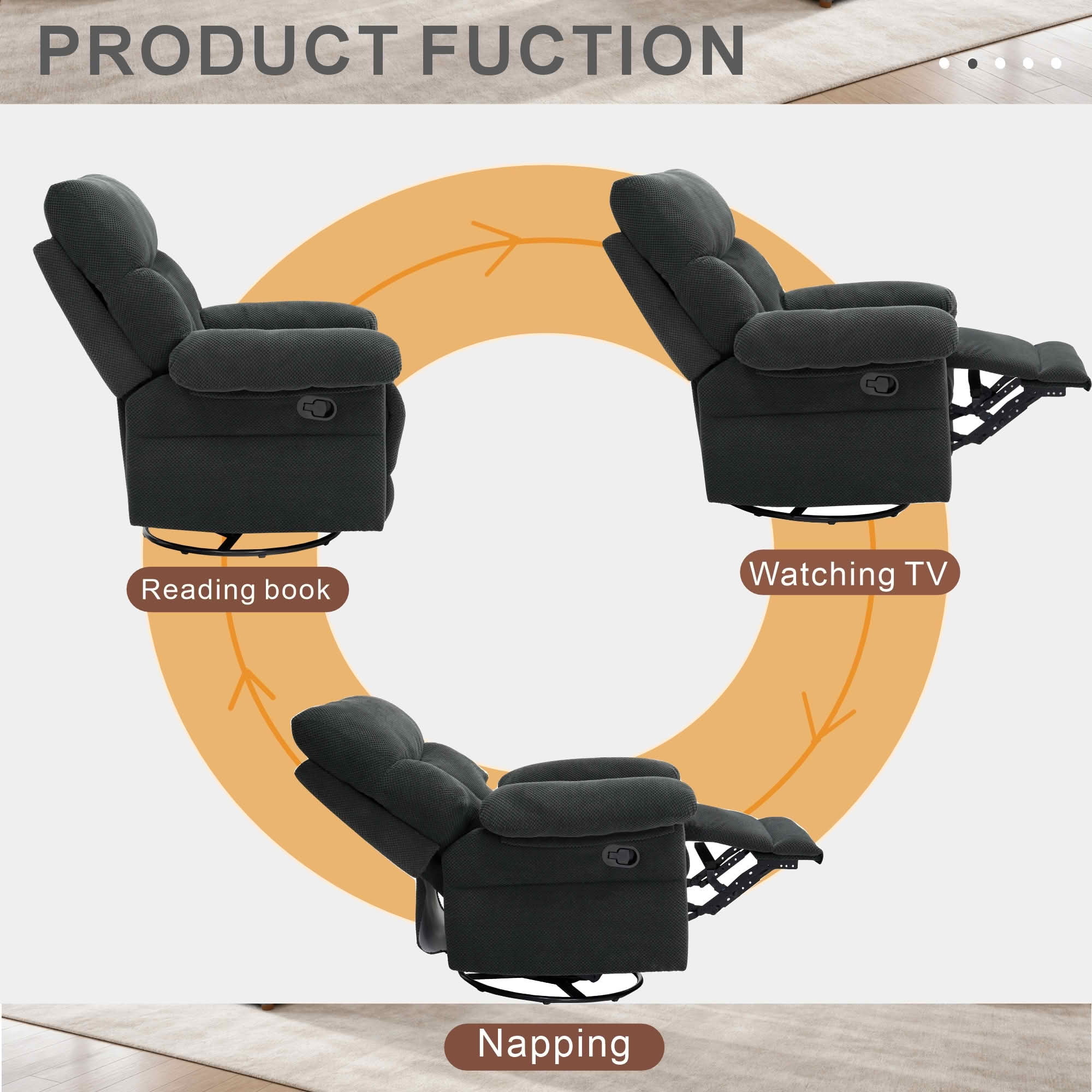 MAYEERTY 41 In Swivel Rocker Recliner, 360 Degree Manual Glider, Overstuffed, Dark Gray, 300 lb