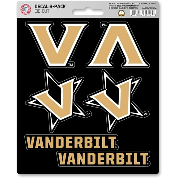 Vanderbilt University Commodores 6-Piece Decal Sticker Set, 5x6 Inch Sheet, Gift for football fans for any hard surfaces around home, automotive, personal items