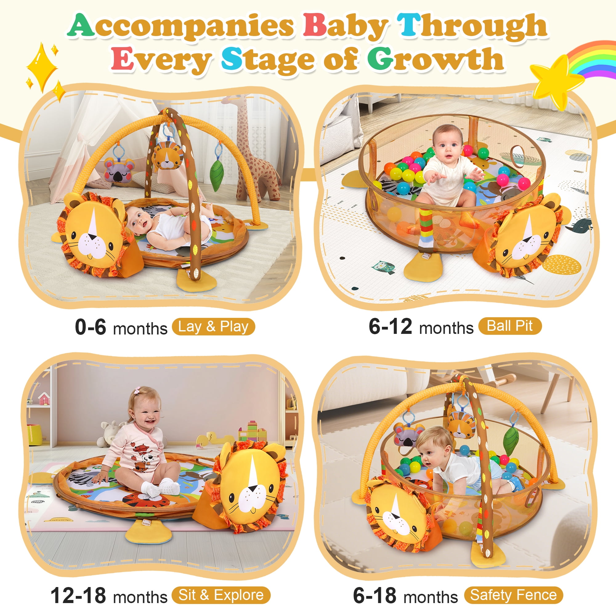 Babyeap 3-in-1 Baby Gym and Play Mat, Baby Activity with Ocean Ball Sensory Toys Gifts, 0-36 Months