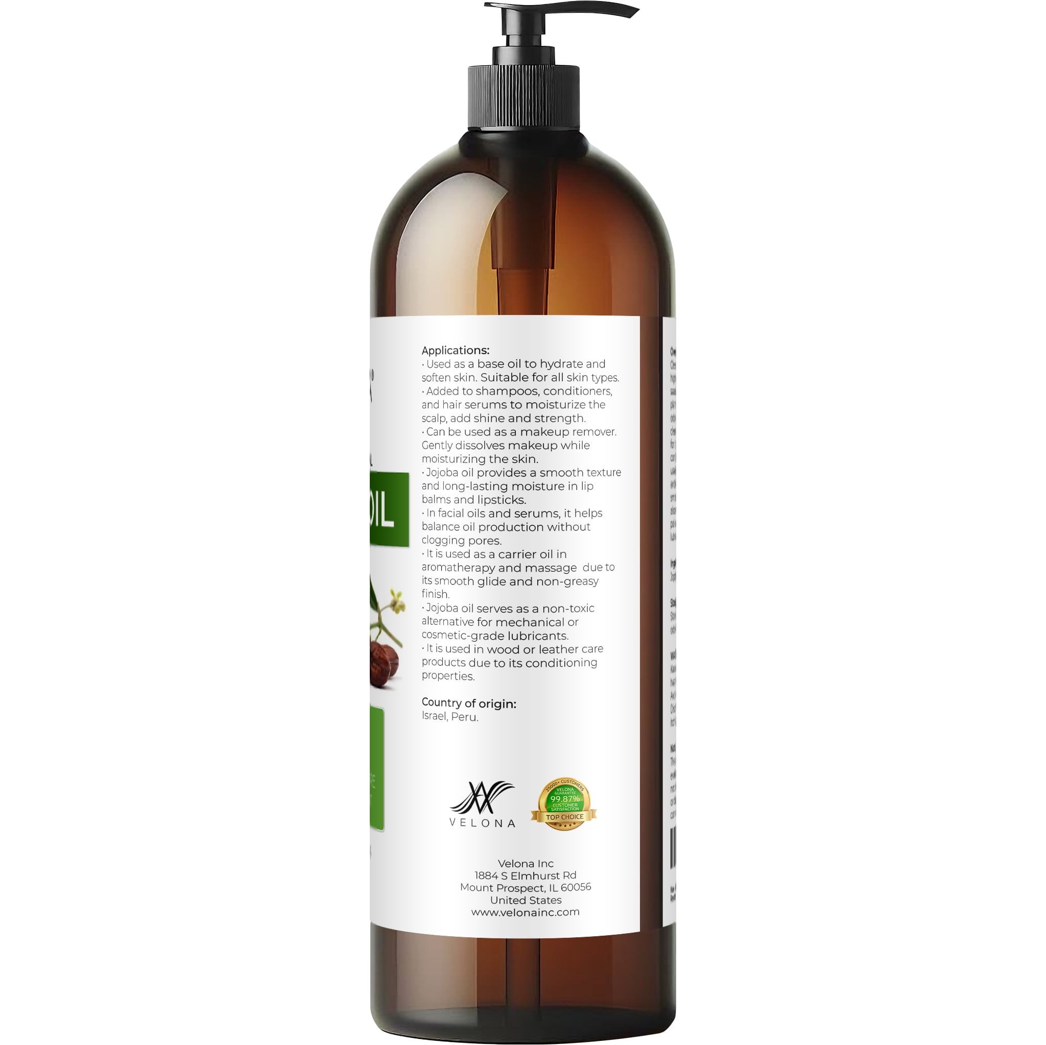 Jojoba Oil by Velona - 32 fl oz | 100% Pure and Natural Carrier Oil | Clear, Refined, Cold Pressed | Moisturizing Face, Hair, Body and Skin Care | Use Today - Enjoy Results