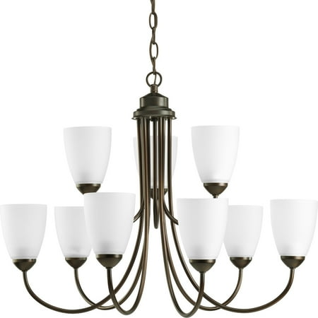 2 Tier 9 Arm Chandelier - Progress Lighting P4627-EBWB Gather Nine-Light Two-Tier Chandelier with Delicate Arms and Etched White Glass Shades