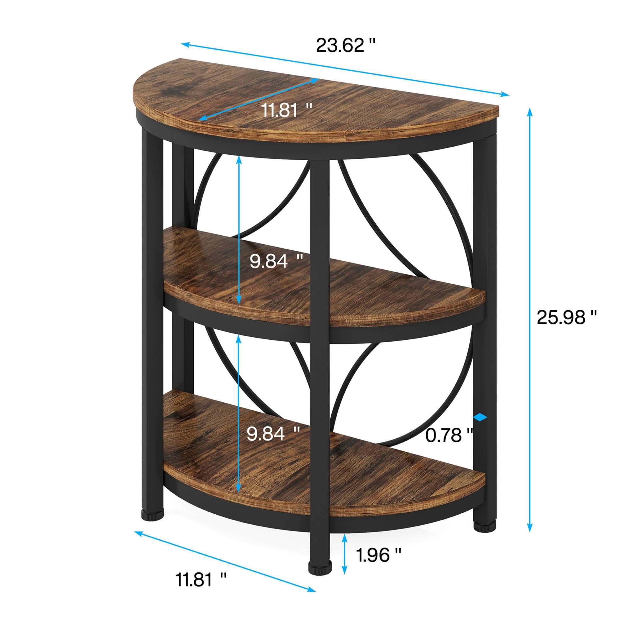MAYEERTY Half-Round 3-Tier End Side Table, Rustic Brown Particle Board Black Metal Frame with Adjustable Foot Pads