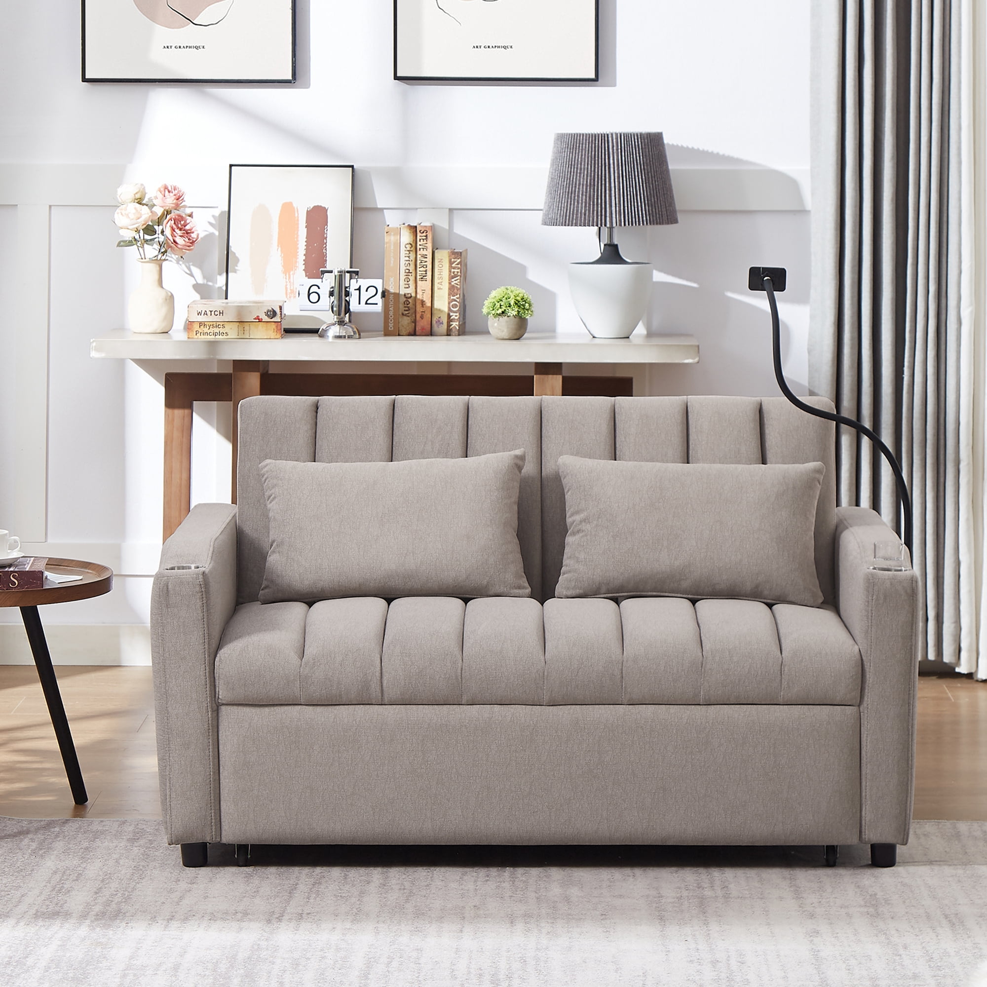 EUROCO 1100LBS Queen Pull Out Sofa Bed, 55.9" Convertible Sleeper Loveseat with 3 USB Ports, 2 Side Pockets,2 Cup Holders and 360°Swivel Phone Holder,Modern Loveseat Sofa for Living Room