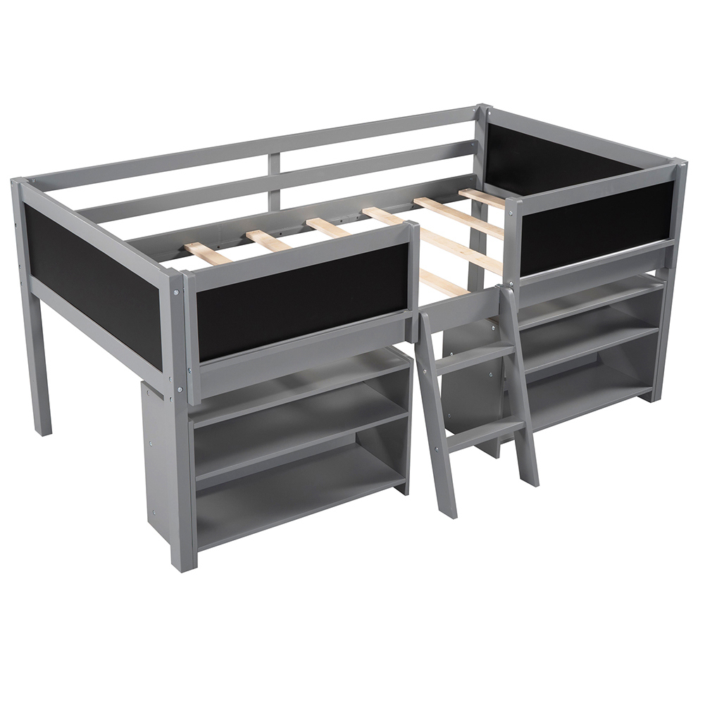 Kadyn Twin Size Low Loft Bed with Two Movable Shelves and Ladder,with Decorative Guardrail Chalkboard,Gray