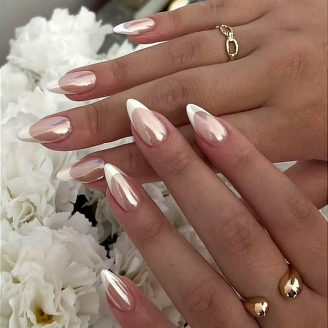 Uñas postizas MACHAO Uñas de almendra Punta francesa cromo blanco Mediano tono nude