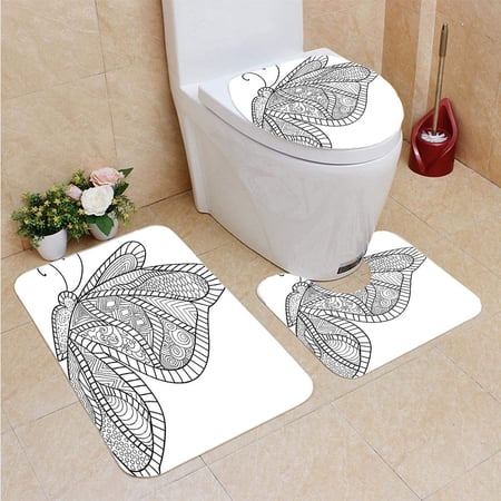 JSDART Ornamental Sketch a Moth 3 Piece Bathroom Rugs Set Bath Rug Contour Mat and Toilet Lid ...