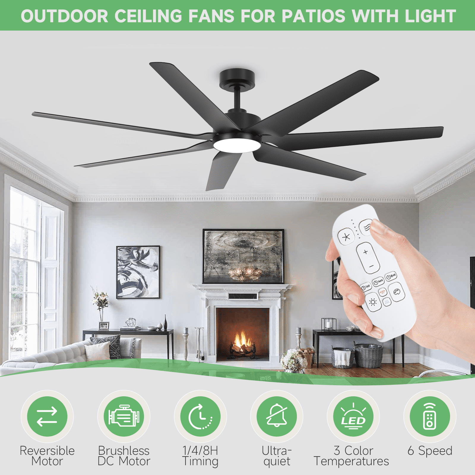 65 inch Black Outdoor Ceiling Fans for Patios Waterproof, Modern High CFM 7 Blades Large Airflow Quiet DC Motor Fan for Indoor Outside Porch Garage