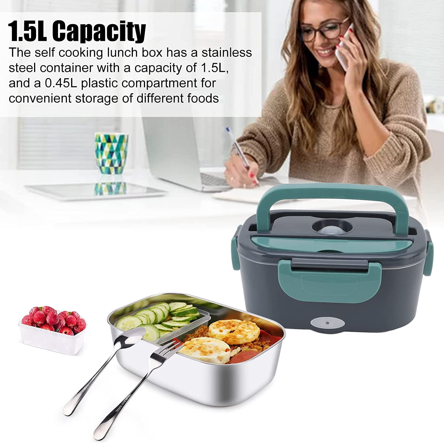 Carestrong Electric-Lunch-Box-Heated-Food-Warmer 40W Heating Lunchbox for Adults 1.5L Portable Food Heater for Work/Car, 12V/24V/110-240V Portable Electric with Fork Spoon (black+Green)