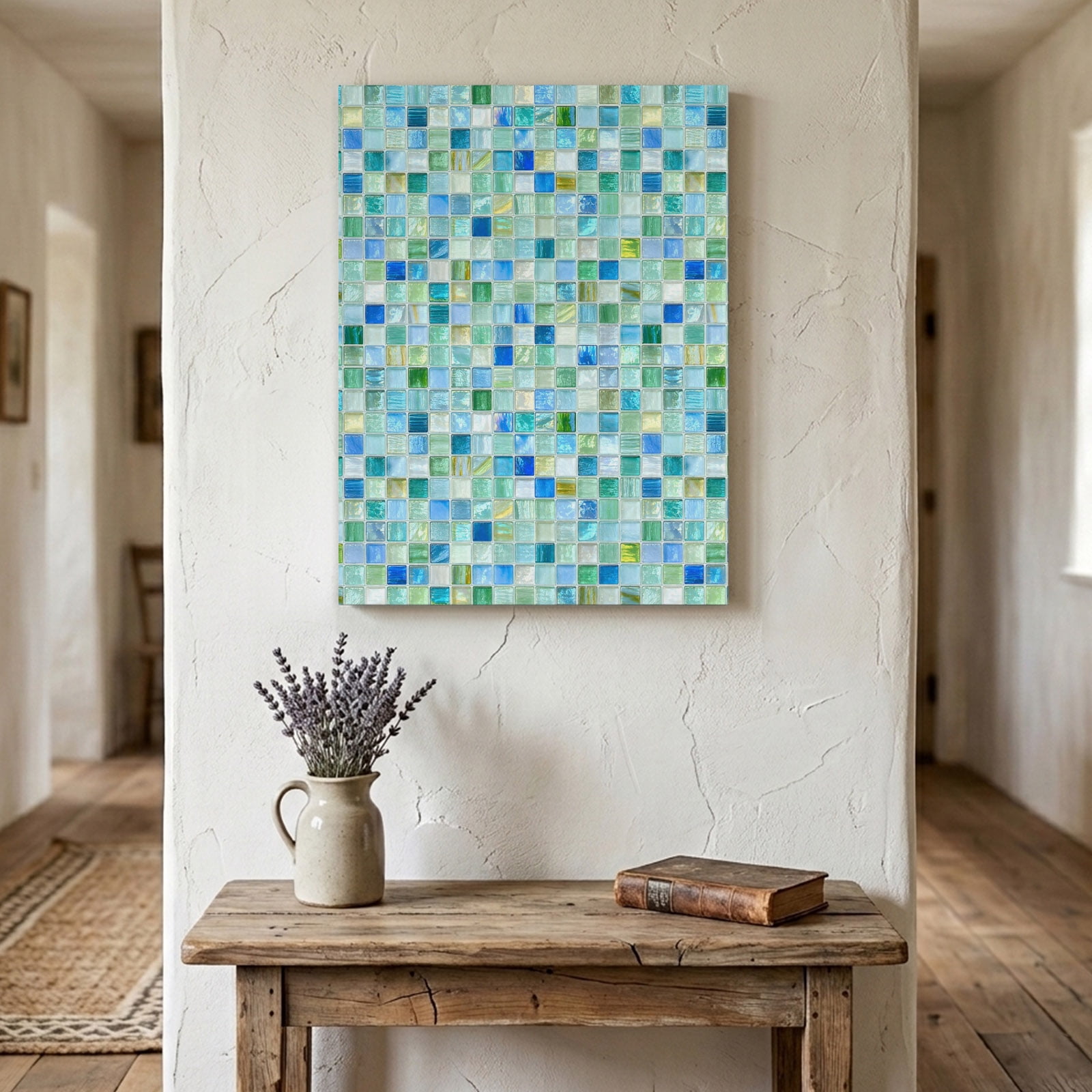 Mosaic Grid Canvas Wall Art for Living Room Bedroom Bathroom Abstract Retro Minimalist Blue Mint Green Checkered Canvas Art Wall Decor Artwork for Walls Home Office Decor 16 x24