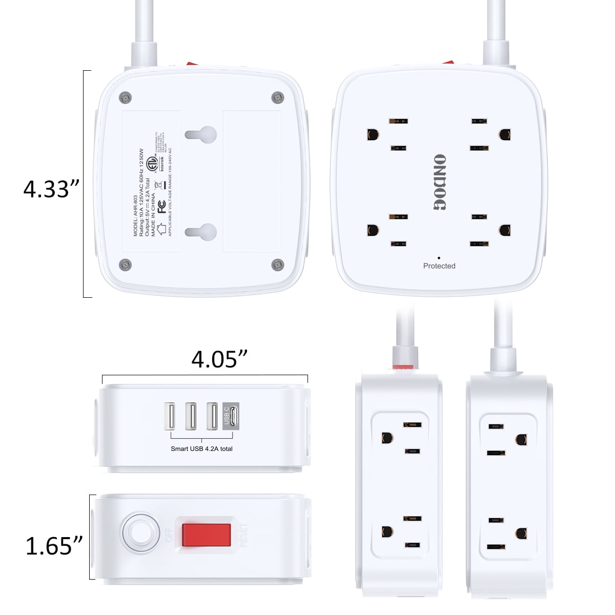 ONDOG 6ft Extension Cord Surge Protector - 8 Outlets and 4 USB (3U1C) Power Strip, ETL Listed