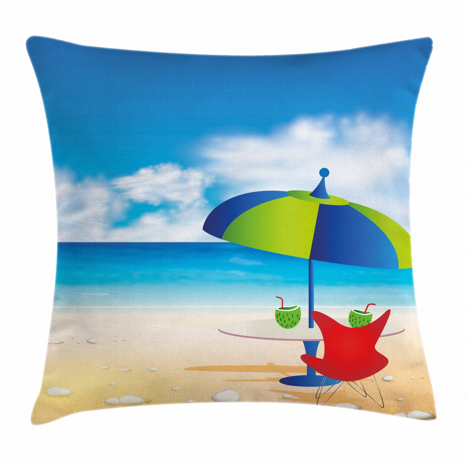 Beach Throw Pillow Cushion Cover, Relaxing Scene with Umbrella and