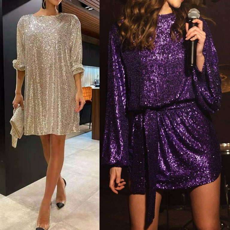 Womens Puff Long Sleeve Sparkly Glitter Sequins Loose Mini Short Dress with  Belt - Walmart.com