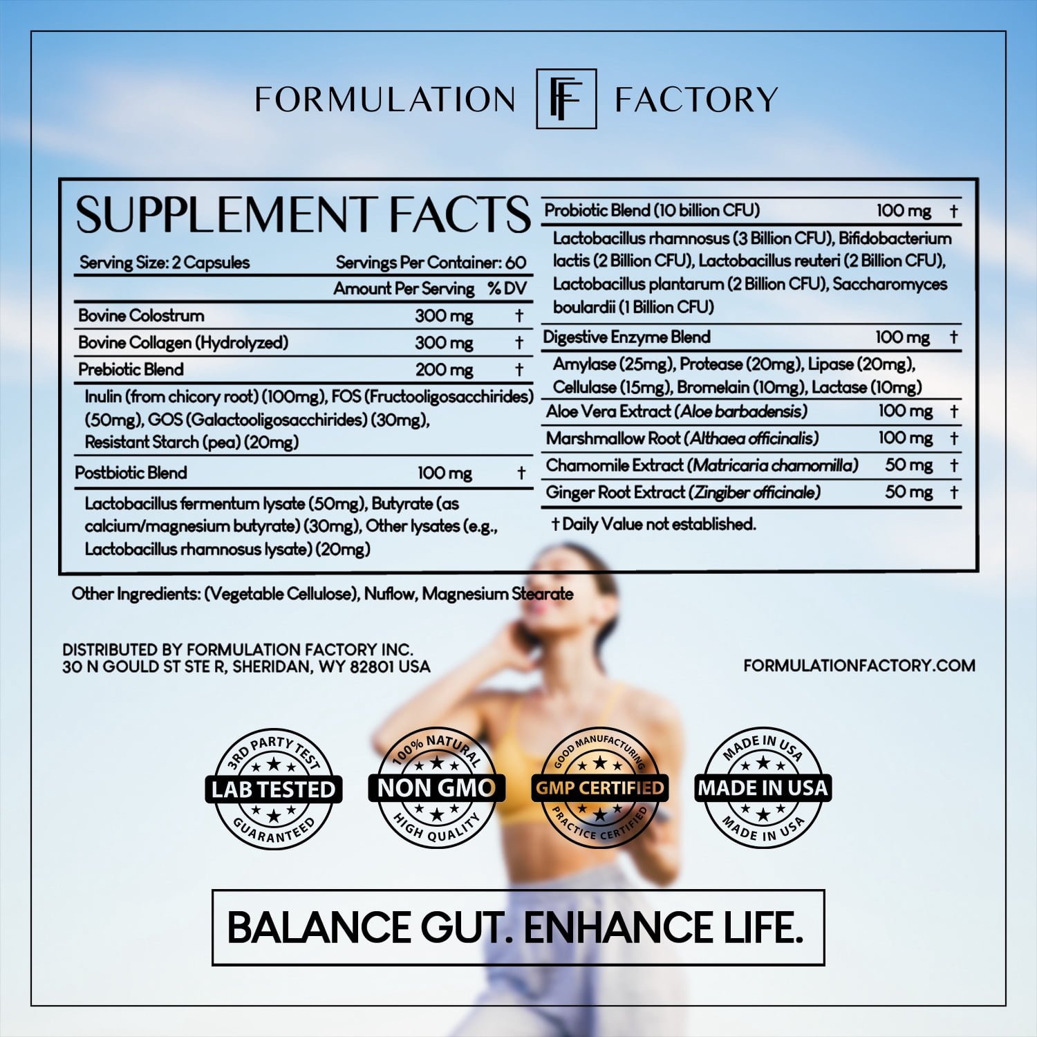 Formulation Factory Gut Intellect 10-in-1 Microbiome Maximizer Supplement, 2-Month Supply, Colostrum Collagen Prebiotic Postbiotic Probiotic Blends Aloe Vera Chamomile Extracts
