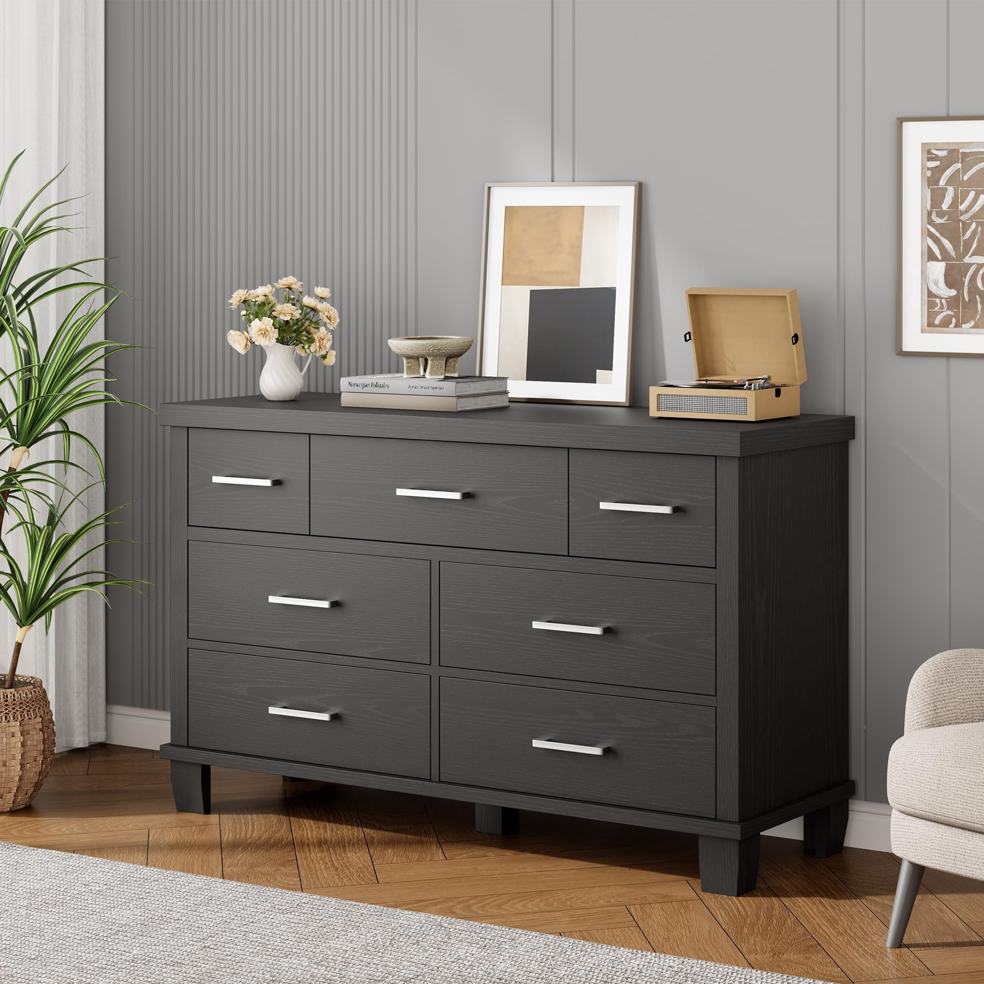 Kicctian 7 Drawer Dresser for Bedroom, 51" Wide Modern Wood Chest of Drawers, Wooden Closet Organizer with Metal Handles, Bedroom Living Room,Black