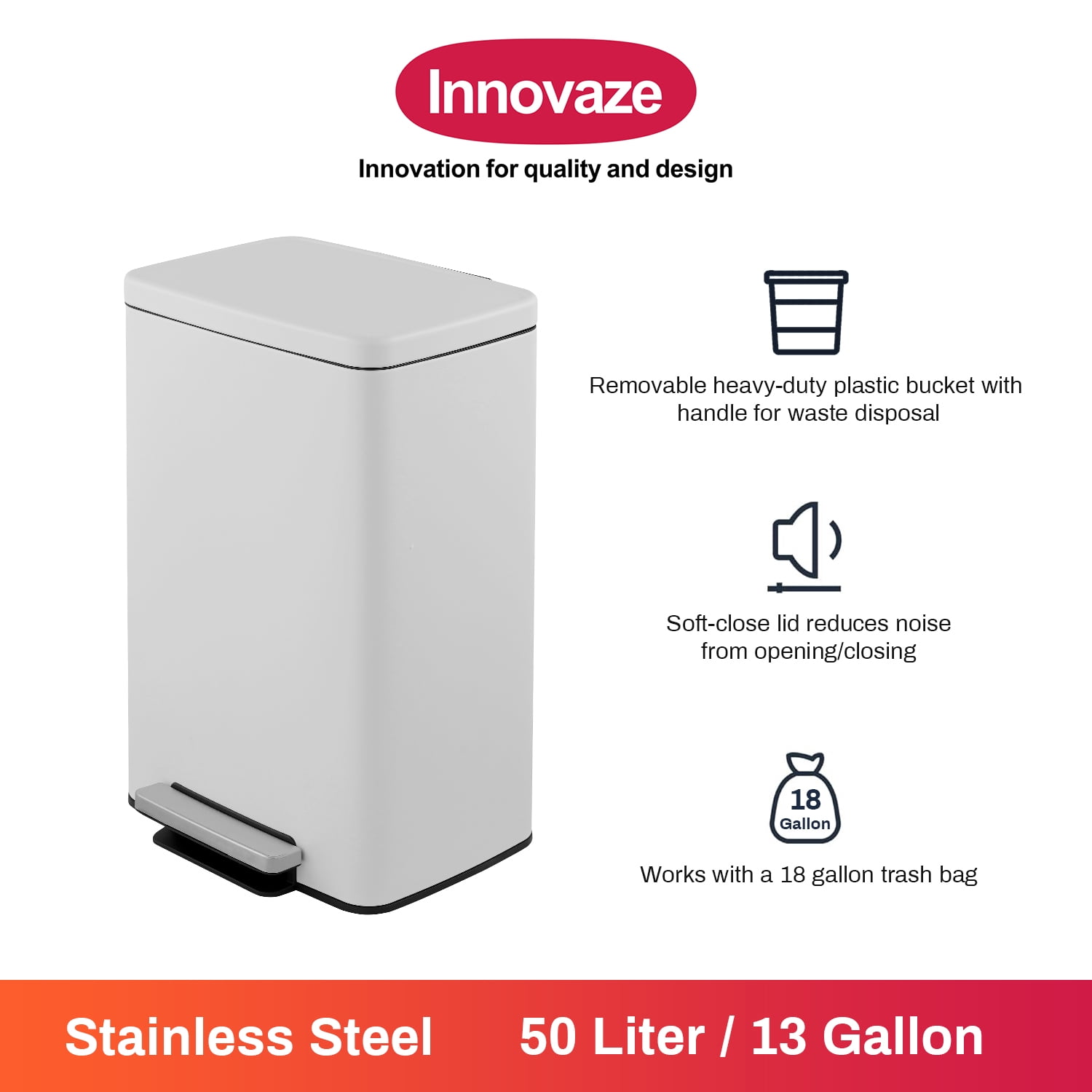 Innovaze 13 Gallon/50 Liter Rectangular Stainless Steel Step-on Trash Can for Kitchen, Matte White