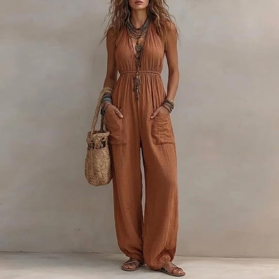 Womens Cotton Halter Jumpsuit Loose Fit Summer Casual Wide Leg Harem Pants Romper for Beach Vacation with Pockets,Brown,L