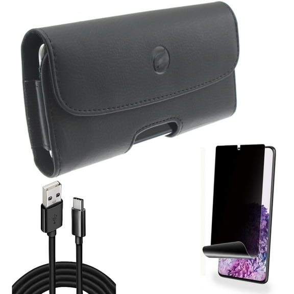 10ft USB Cable w Case Belt Clip w Privacy Screen Protector for Samsung Galaxy S20 Plus - Type-C Charger Cord Power, Leather Holster Cover, TPU Film [NOT GLASS] [Fingerprint fits Galaxy S20 Plus
