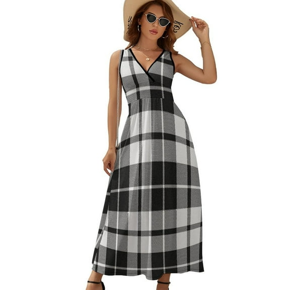 Plaid Pattern Black And White Plaid Sleeveless Dress Dresses Women Summer Evening Dresses Ladies Bohemia Long Dresses