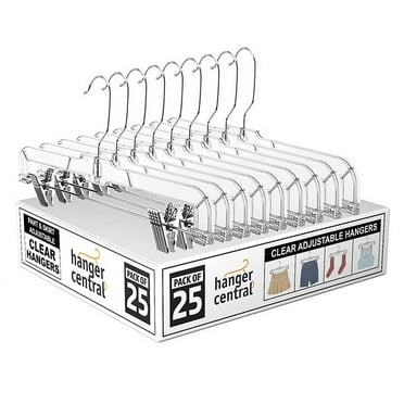 Hanger Central 25 Pack 14", Clear Skirt Hangers with Adjustable Clips, Non-Slip Plastic Pant Hangers, Slim Clip for Pants, Skirts, Shorts, 360-Rotating Swivel Hook