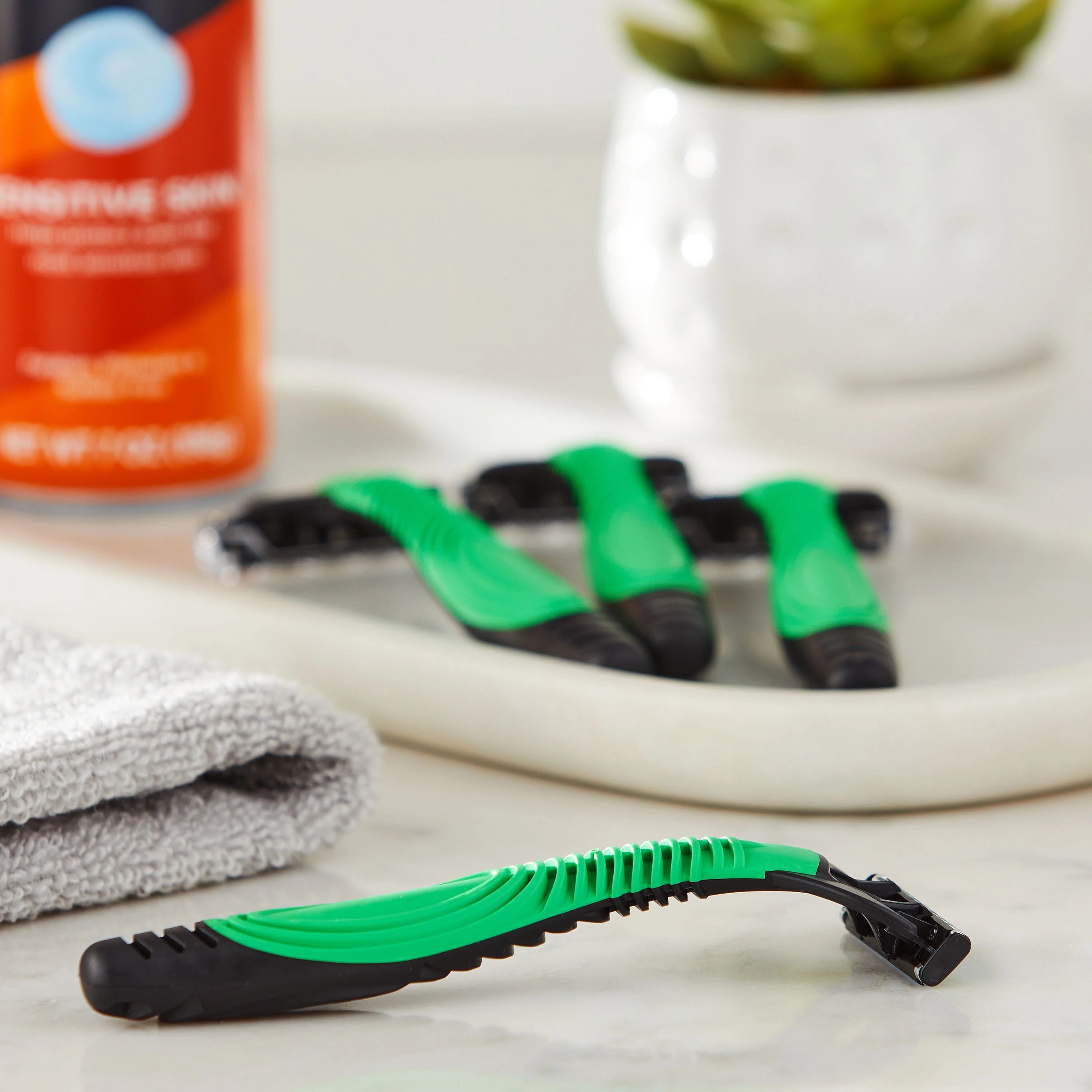 Equate Men's 3-Blade Sensitive Disposable Razors, Green and Black, 4 Count