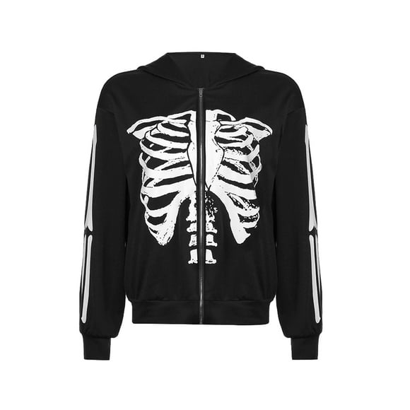 Fortune Femmes Sweat-Shirt Imprimé Squelette Fermeture Éclair Veste Gothique Manteau Streetwear