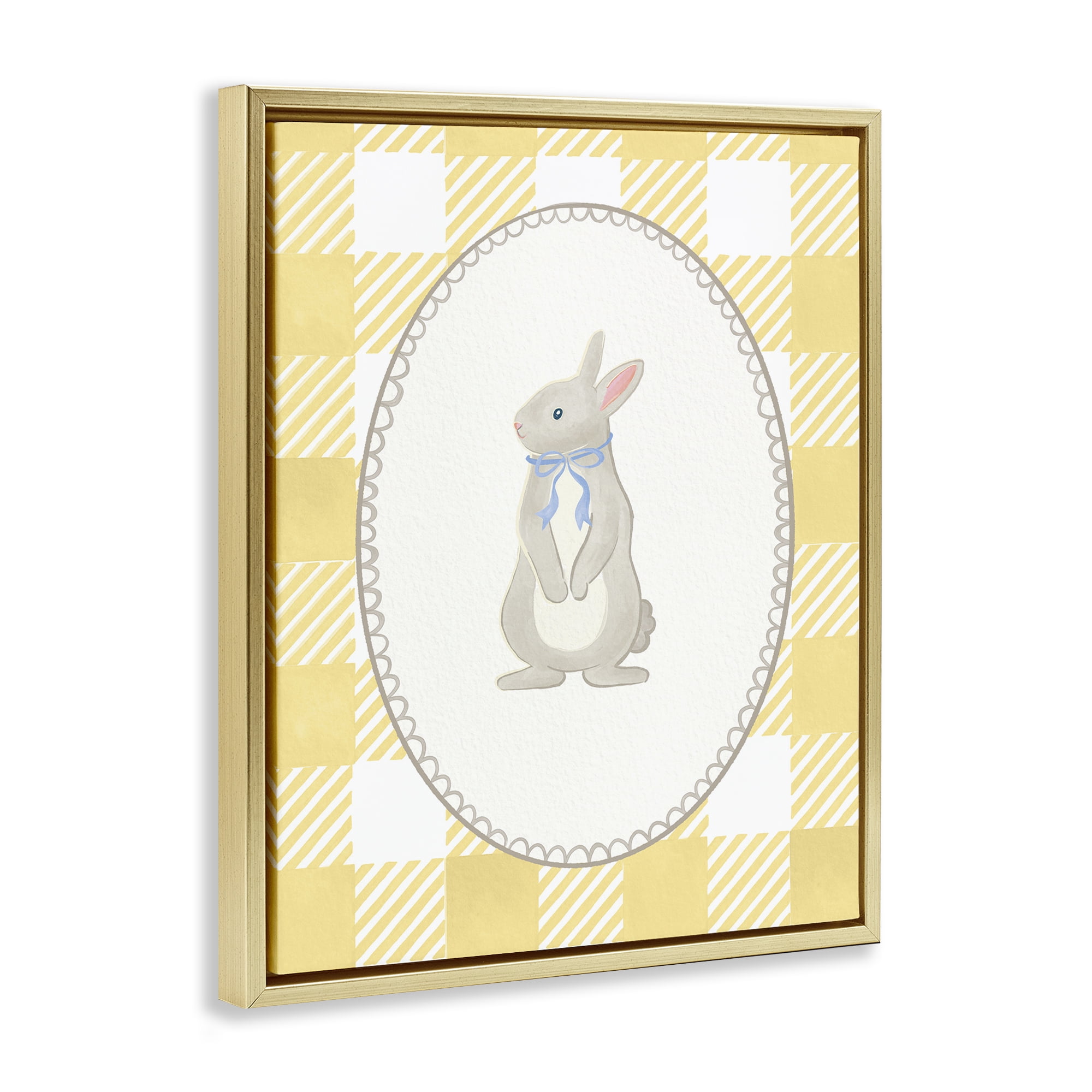 Stupell Industries Little Bunny on Yellow Gingham Gold Framed Floater Canvas Wall Art, design by The Paper Curator
