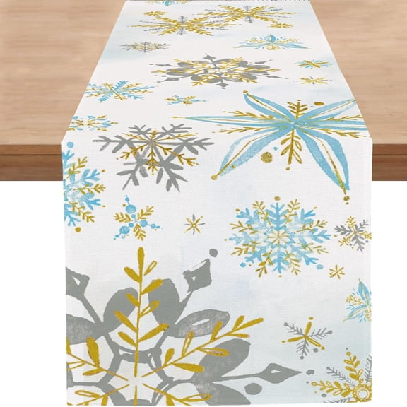Rdsfhsp Blue Gold Snowflakes Christmas Table Runner, Xmas Winter Snow Table Runners Farmhouse Rustic Kitchen Dinning Decor for Holiday Home Party Indoor Outdoor 13x72 Inch