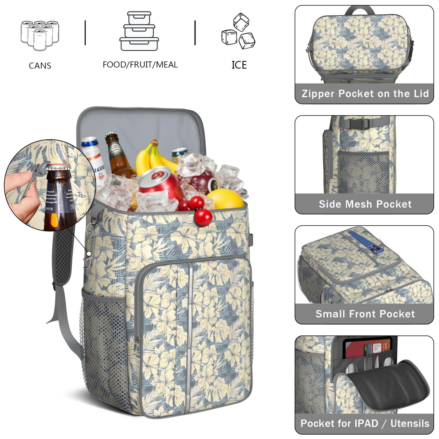 Travel Cooler Bag - Pioneer Flower Floral Print Pattern Camping Beer Cooler Backpack with Bottle Opener- Waterproof Insulated Picnic Backpacks - Cooler Bag for Beach