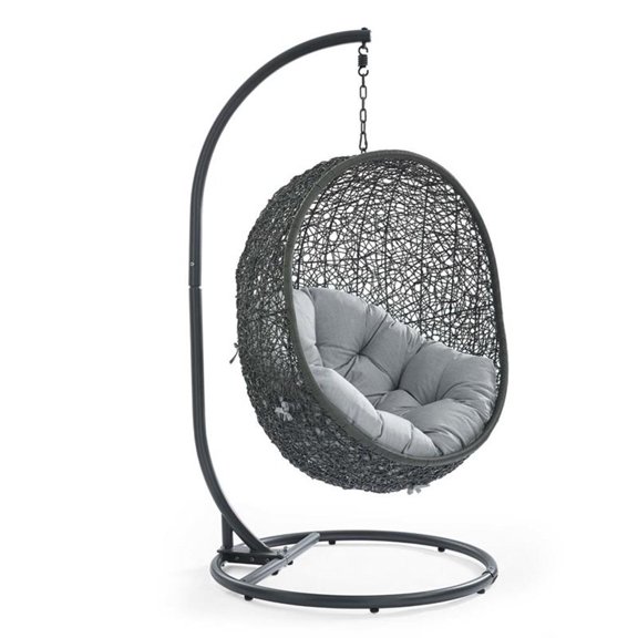Pemberly Row Modern Metal/Rattan Outdoor Hanging Chair in Gray