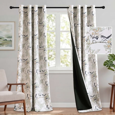 H.VERSAILTEX Vintage Floral Bird Printed Curtains, 2 Panels 100% Blackout Thermal Grommet Drapes, Privacy Window Treatment for Bedroom Living Room, 52" x 84", Teal/Black