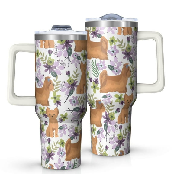 OBREWU Yorkie Dog and Flower Florals Tumbler with Handle and Lid,Yorkie Dog and Flower Florals 40oz Double Wall Vacuum Insulated Tumbler,Cups Gift for Women and Men