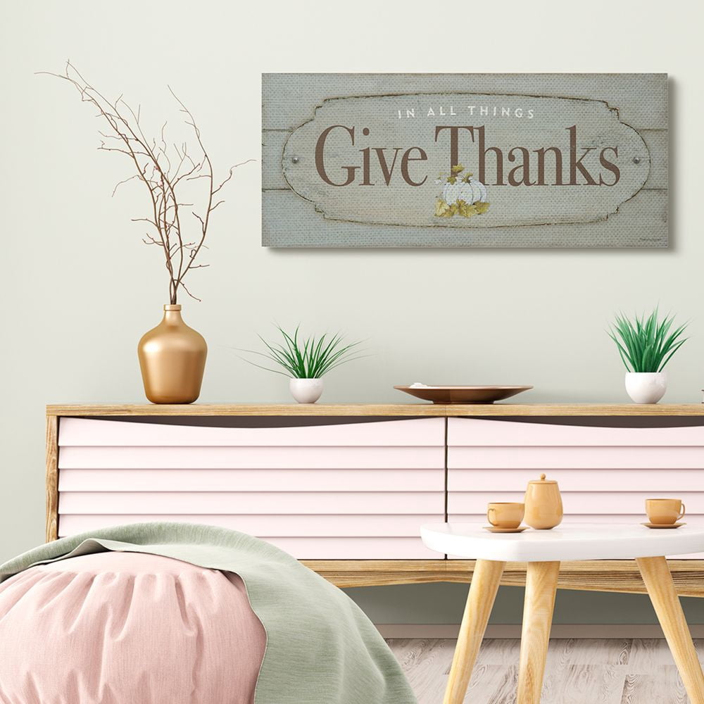 Stupell Industries Give Thanks Blue Wood Texture Fall Autumn Seasonal Word Design Canvas Wall Art by Stephanie Workman Marrott