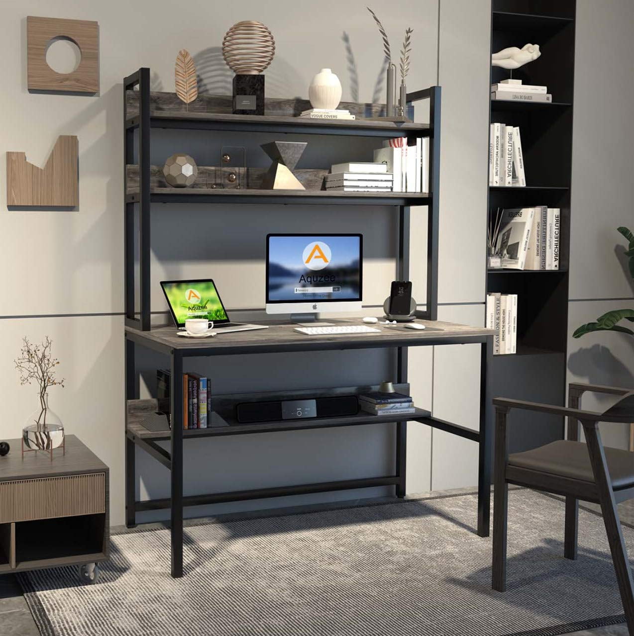 Aquzee Desk with Hutch Bookshelves, Computer Desk with 3 Tiers Storage Shelves, Space Saving Design Black Metal Legs Desk with Grey Board