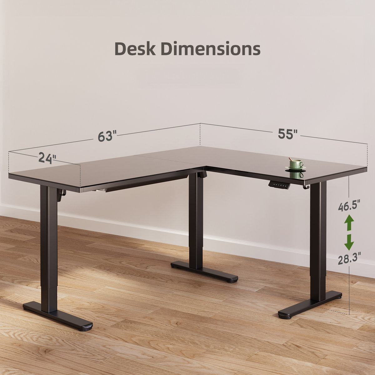 Innovar 63" Dual Motor L-Shaped Standing Desk,Wireless Charging Adjustable Height Glass Standing Desk, Electric Sit to Stand up Tempered Glass Top Desk W/ Memory Presets for Office Home Black