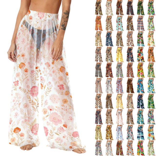 Pincandy Women See Through Sheer Mesh Pants Beach Swimsuit Bikini Bottom Cover up Party Club Elastic High Waist Wide Leg Pants
