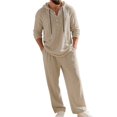 thumbnail image 3 of Men's Linen Blend 2 Piece Outfit Hooded Henley Shirt Drawstring Wide Leg Pants Set Light Khaki M, 3 of 10