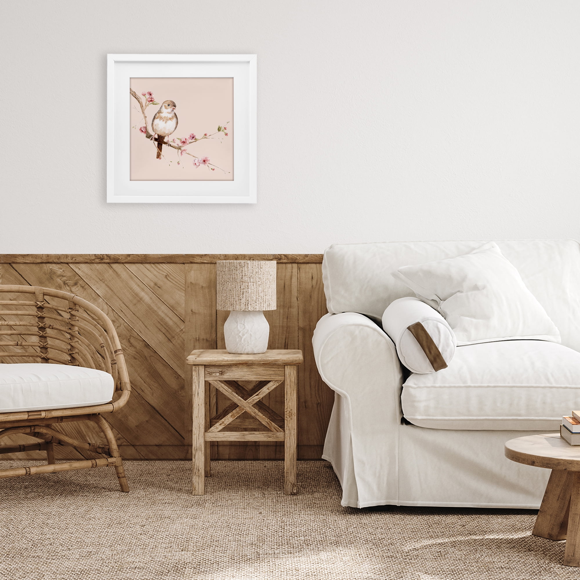 Sweetest Brown Bird White Framed Print Under Glass, design by Lisa Wehmeyer