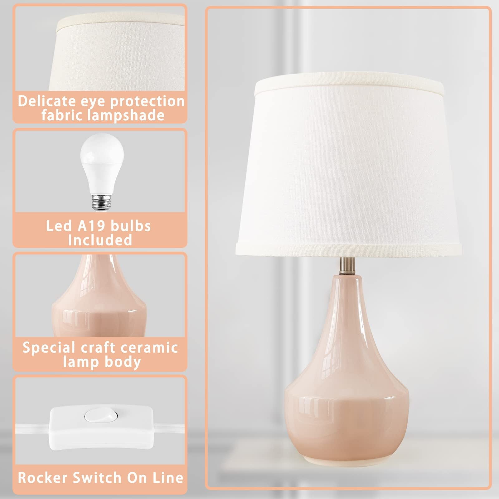 NATYSWAN Pink Table Lamp Set of 2, Ceramic Table Lamp Classic Beside Lamps Nightstand Lamp Modern Table Lamp for Living Room, Bedroom Office, Rocker Swtich (LED Bulbs Included)