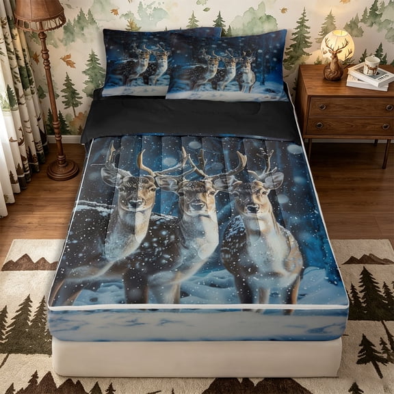 Castle Fairy Wildlife Deer Zipper Twin Comforter Sets with Fitted Sheet and 2 Pillowcases,Winter Dark Woodland Zipper Bedding Set,Blue White Brown,Black Reversible,4-Piece