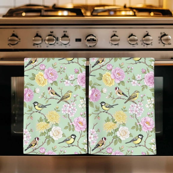 Sage Green Spring Floral Kitchen Towels Set of 3, Elegant Farmhouse Flowers Birds Watercolor Absorbent Dish Towels for Kitchen, Microfiber Hand Towel, Quick Drying Tea Towel for Cleaning Dishcloths