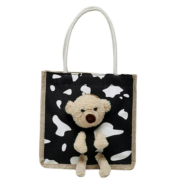 Fashion handbag tote with bear doll durable rope handle cute anti canvas large capacity portable shoulder bag for women ladies student talla unica